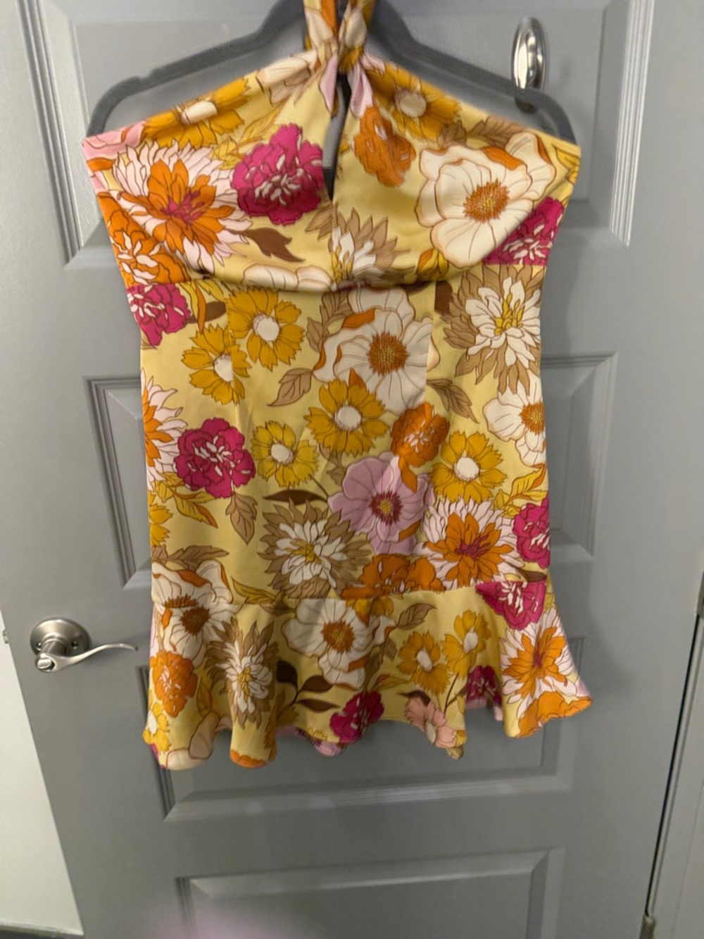 Lush Yellow Floral Halter Sundress with Pink & Orange Blooms